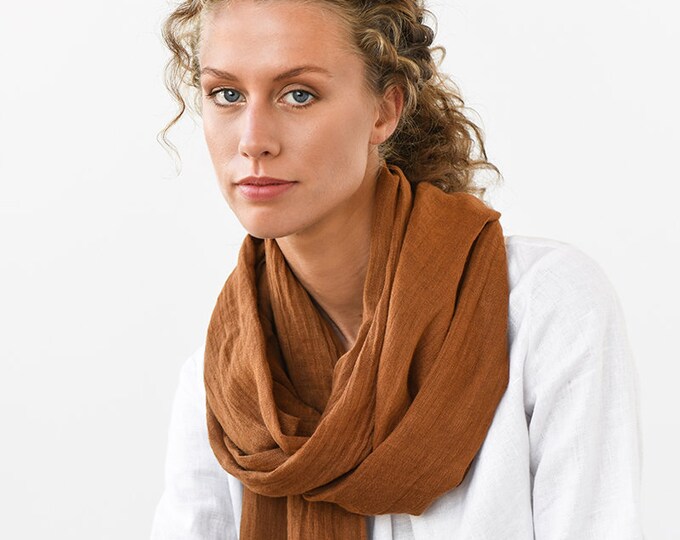 Linen Scarf in Cinnamon Color. Terra Cotta Linen Shawl. Handmade, Stone