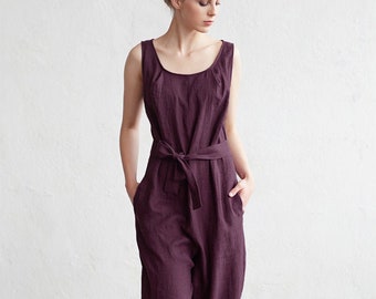 Linen jumpsuit ANNECY. Drop crotch, sleeveless linen romper. Linen overall. Clothing for women.