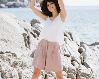 Linen shorts EVORA in Woodrose. High waisted linen shorts for women. Summer linen clothing for women.