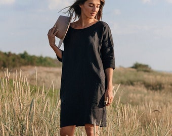 Loose-fit linen dress ARUBA in Black. Knee length, long sleeve linen dress. Linen clothing for women in various colors.