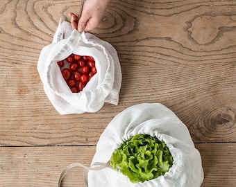 Reusable linen produce bags, set of 2. Plastic free linen storage bags. Mesh linen bags for groceries, fruit and vegetables. Zero waste