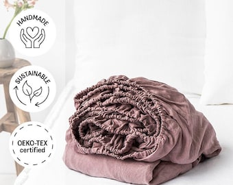 Linen fitted bed sheet in Woodrose (Dusty Pink). Stone washed linen bedding. King, Queen sheet.
