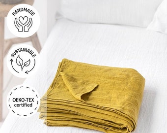 Linen flat sheet in Moss Yellow. Custom size flat bed sheets. Queen, King linen top sheet.