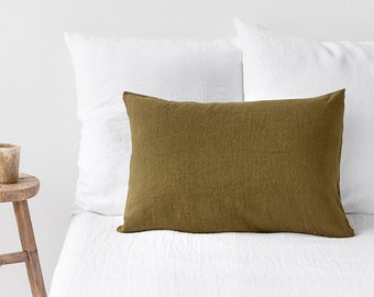 Linen pillow case in Olive Green colour with envelope closure. Standard, queen, king, custom size pillow cover.