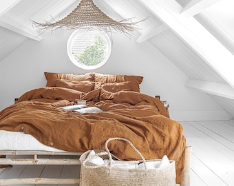 Linen bedding set in Cinnamon. King Queen duvet cover set. 3 piece washed linen set includes two pillowcases.
