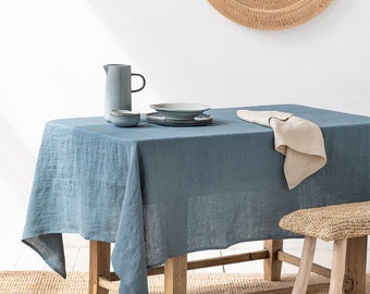 Gray Blue Linen Tablecloth. Round, square, rectangular table linens. Custom linen fabric tablecloth.