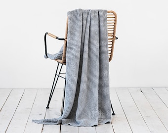 Linen throw in Light Gray, waffle pattern. Linen throw blanket.