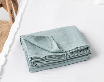 Linen flat sheet in Dusty Blue. Custom size flat bed sheets. Queen, King linen top sheet.