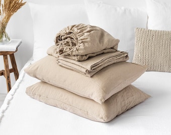 Linen sheet set in Natural Linen (Oatmeal) color. Fitted sheet, flat sheet, 2 pillow cases. Twin, Queen, King.