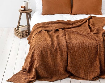 Waffle weave blanket in Cinnamon. Linen cotton blanket. Boho throw blanket. Queen blanket. Linen bedspread coverlet