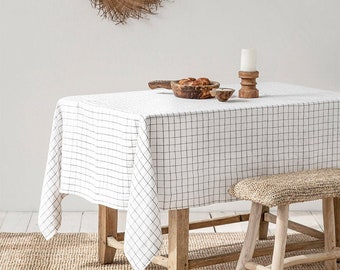 Charcoal Grid Linen Tablecloth. Round, square, rectangular tablecloths. Handmade, stone washed tablecloth. Custom sizes.