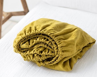 Fitted linen sheet in Moss Yellow. King, Queen, Custom bed sheets. Washed linen bedding.