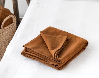 Linen flat sheet in Cinnamon. Custom size bed sheets, linen bedding. King, Queen sizes.