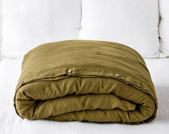 Linen duvet cover in Olive Green. Washed linen bedding. Custom sizes. Farmhouse decor.