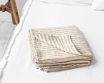 Natural Striped linen flat sheet. Custom size flat bed sheets. Queen, King linen sheet.