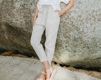 Linen pants DOMME in Natural melange. Loose linen trousers with elastic waistband. Linen clothing for women.