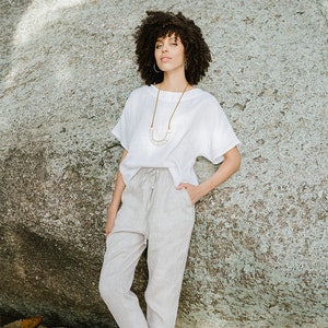 Loose Linen Pants for Women – Natural Melange Trousers with Elastic Waist – Washed European Linen Clothing – Vacation Ready Outfit DOMME