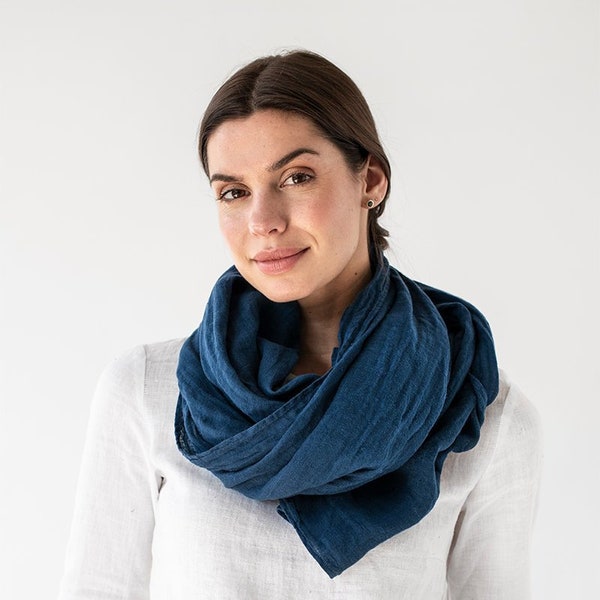 Linen scarf in Navy Blue color. Indigo linen shawl. Handmade, stone washed linen scarves for women. Long linen scarf. Women's clothes