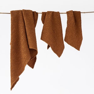 Cinnamon linen waffle towel SET: hand, face, body linen towels. Fluffy, absorbent waffle towels. Quality bath linens.