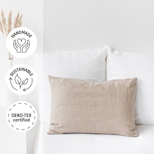 Linen pillow case in Natural Linen (Oatmeal) color. Standard, queen, king, custom size pillow cover with envelope closure.