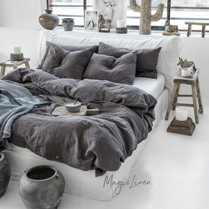 Charcoal Gray Linen Duvet Cover Set – 3 Piece Queen King Bedding – European Flax, Stonewashed Midweight Linen, Breathable Dark Bedding Set