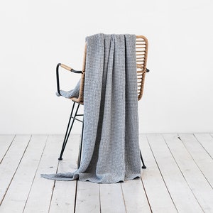 Linen throw in Light Gray, waffle pattern. Linen throw blanket.