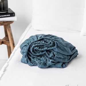 Linen Fitted Sheet – Gray Blue Soft Linen Bedding – Queen King Deep Pocket Bed Sheet – Stonewashed Thermoregulating OEKO European Linen