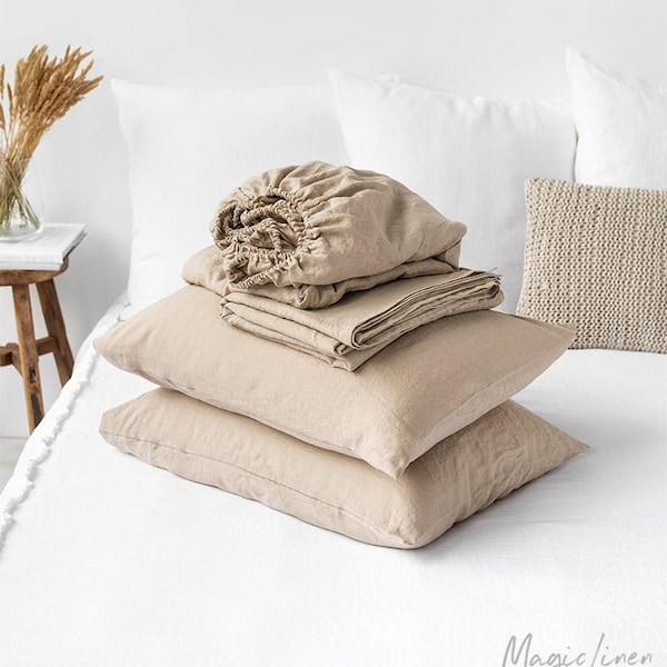 Linen sheet set in Natural Linen (Oatmeal) color. Fitted sheet, flat sheet, 2 pillow cases. Twin, Queen, King.