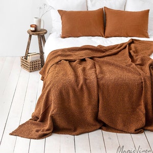 Waffle weave blanket in Cinnamon. Linen cotton blanket. Boho throw blanket. Queen blanket. Linen bedspread coverlet