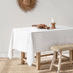 Charcoal Grid Linen Tablecloth – Windowpane Pattern – Round, Square, Rectangular – Soft Washed European Flax – Custom Modern Table Decor