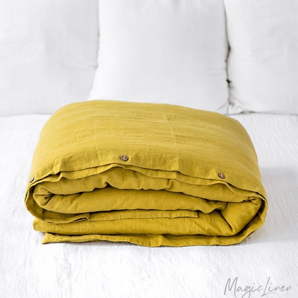 Linen duvet cover in Moss Yellow. Washed linen bedding. Custom sizes. Farmhouse, boho decor.