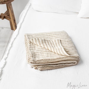 Ivory Striped Linen Flat Sheet – Stonewashed European Top Sheet – Natural Soft Neutral Bedding – Coastal Cottage Style – Queen King Sizes