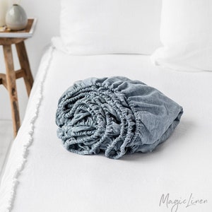 Linen fitted sheet in Blue Melange. King, Queen, Custom bed sheets. Washed linen bedding.