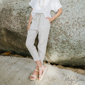 Linen pants DOMME in Natural melange. Loose linen trousers with elastic waistband. Linen clothing for women.