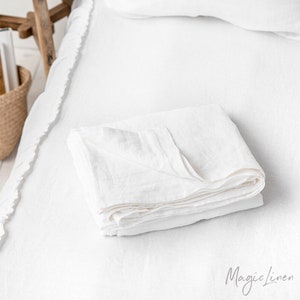Linen flat sheet in White. Queen, King, Custom size bed sheet. Washed linen bedding.
