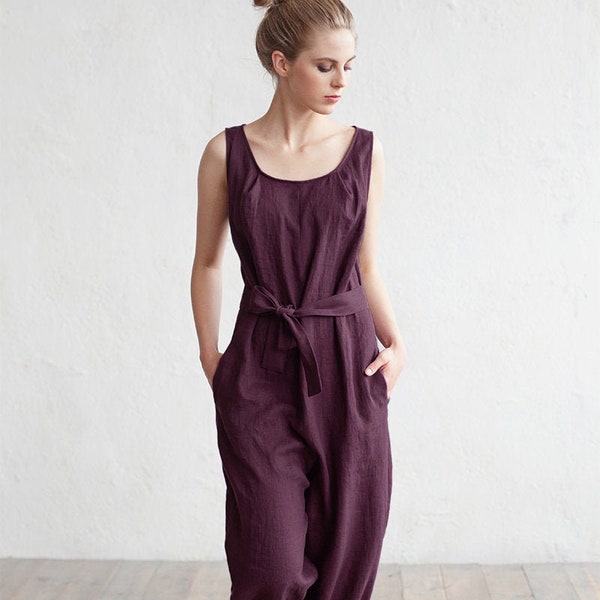 Linen jumpsuit ANNECY. Drop crotch, sleeveless linen romper. Linen overall. Clothing for women.