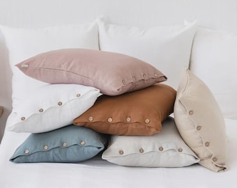 Stonewashed Linen Pillowcase with Coconut Buttons – Soft Handmade Pillow Cover in 8 Colors – European Flax, OEKO-TEX Certified