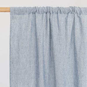 Blue Melange Linen Curtain Panel – Semi Sheer Rod Pocket Drapes – Custom Size Soft Blue Curtains – Farmhouse Living Room Window Treatment