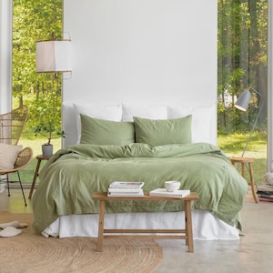 Linen Cotton Duvet Cover Set in Sage – 3 Piece Green Bedding Set Queen King – Soft Breathable Eco Friendly Bedding, Stonewashed Summer Duvet