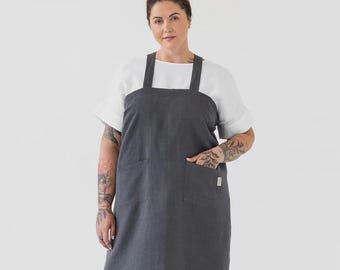 Charcoal Gray Linen Cross Back Apron — Japanese Kitchen Apron With Pockets — Garden Smock Apron — Unisex Linen Pinafore Gift
