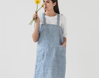 Blue Melange Linen Cross Back Apron — Japanese Kitchen Apron With Pockets — Garden Smock Apron — Unisex Linen Pinafore Gift