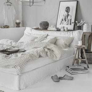 Charcoal Grid Linen Duvet Cover Set – 3 Piece Queen King Bedding – Windowpane Stonewashed Linen, Soft Breathable Grid Pattern Bedding Set