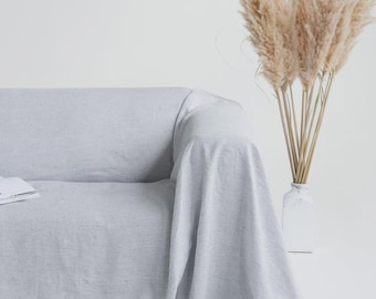 Linen Couch Cover in Pinstripe Black – Striped Linen Sofa Slipcover – Machine Washable Loose Sofa Drape – Custom Sizing in European Flax