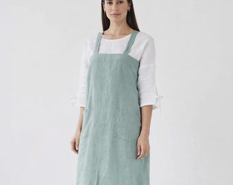 Delantal de lino color aguamarina con espalda cruzada — Delantal de cocina japonés con bolsillos — Delantal tipo bata de jardín — Regalo unisex de delantal de lino