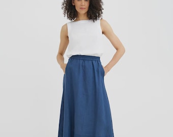 Linen Midi A Line Skirt – Navy Linen Skirt with Elastic Waist and Pockets – Breathable European Linen Skirt – Casual Work Midi Skirt AUSTIN