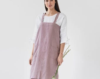 Delantal de lino Woodrose con espalda cruzada — Delantal de cocina japonés con bolsillos — Delantal de jardín — Delantal unisex de lino, ideal como regalo.