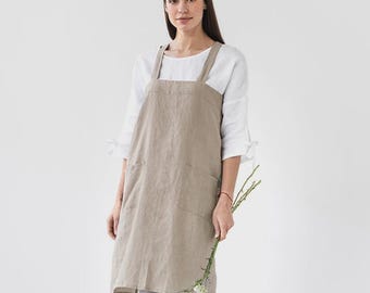 Delantal japonés de lino con espalda cruzada — Delantal de cocina sin nudos con bolsillos — Delantal de jardín — Delantal unisex de lino — Regalo de delantal de cocina