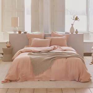 Peach Linen Duvet Cover Set – 3 Piece Bedding Set Queen King – 100% European Flax, Stonewashed Midweight Linen Soft Breathable Peach Bedding