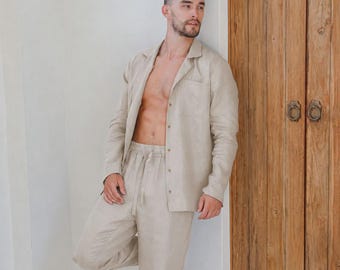 Natural Men’s Linen Pajama Set — Long Sleeve Linen Loungewear or Sleepwear — 100% European Flax Pajamas — Gift for Him VIGO