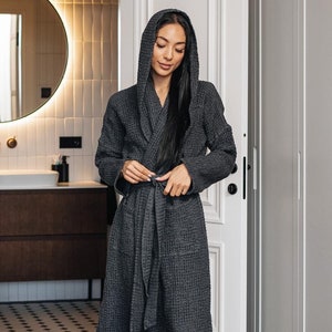 Linen Waffle Robe for Women – Soft Absorbent Spa Robe with Hood – Bridesmaid Bathrobe in Earthy Colors – Luxury Self Care Gift Idea for Her